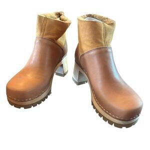 Swedish Hasbeens Shearling-Lined Leather Clog Boots Wood Heel  NEW  EU 36 US 6